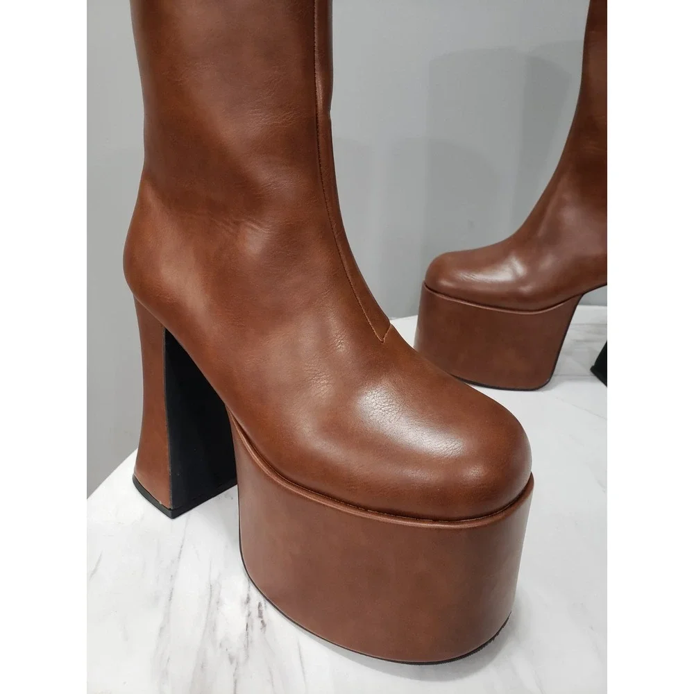 SIZE 9 Current Mood Dolls Kill Gogo Platform TALL BOOTS bratz y2k brown knee